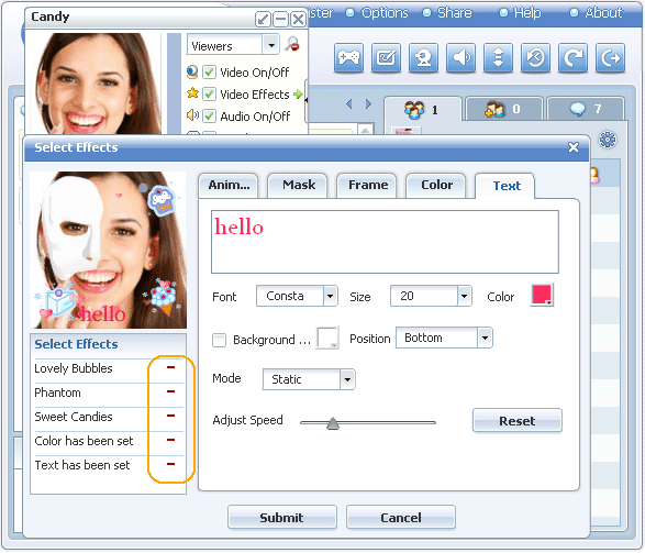 Video Effects Setting in Video Panel of 123FlashChat, Flash Software, PHP Chat, Chat Script